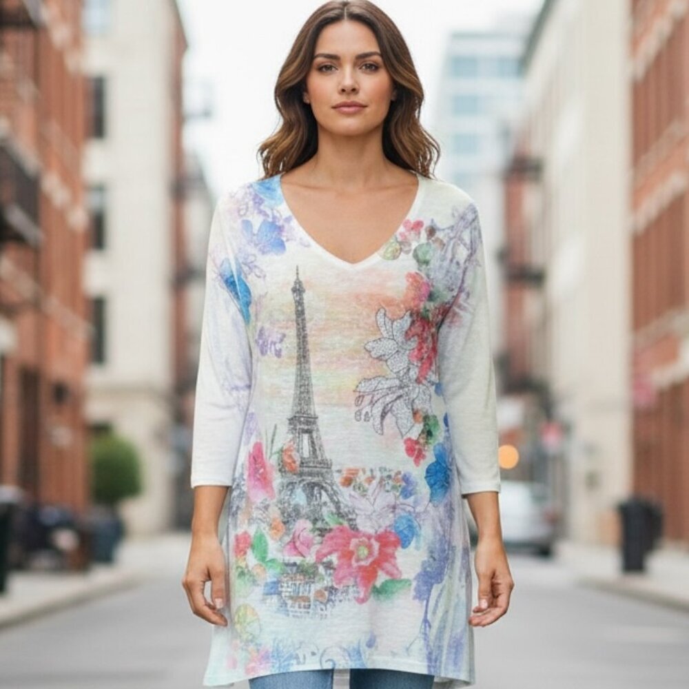 CACTUS Eiffel Tower Floral Embellished Tunic Top Sz M 95D